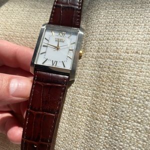 Citizen Eco Drive watch chrome and gold with leather crocodile style strap. Rare